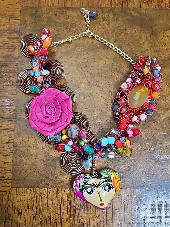 Jewelry - FRIDA Colorful Floral Heart Pendant Statement Necklace - Pink & Multicolor